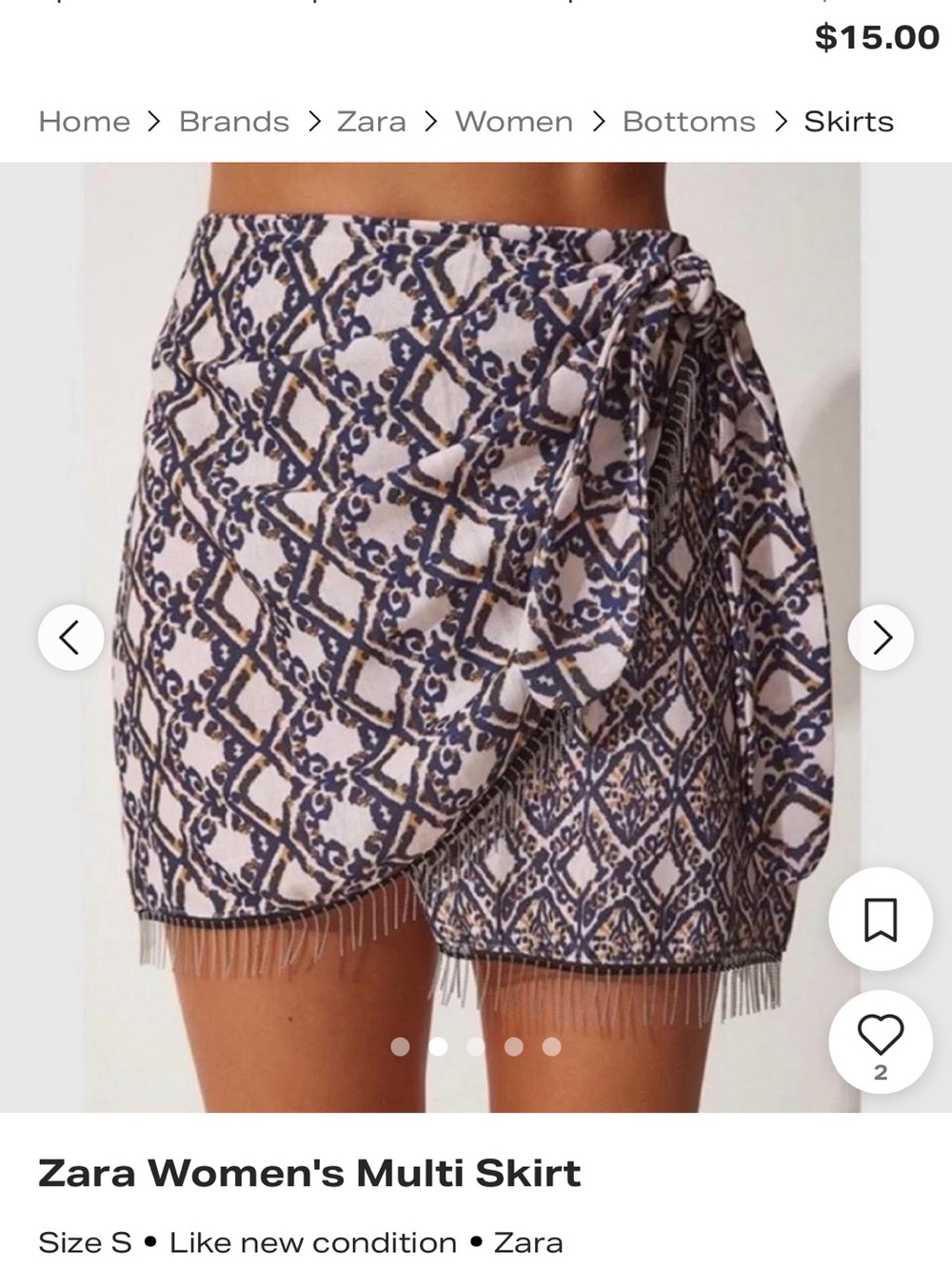 Zara Navy & Cream Printed Wrap Mini Skirt with Fringe